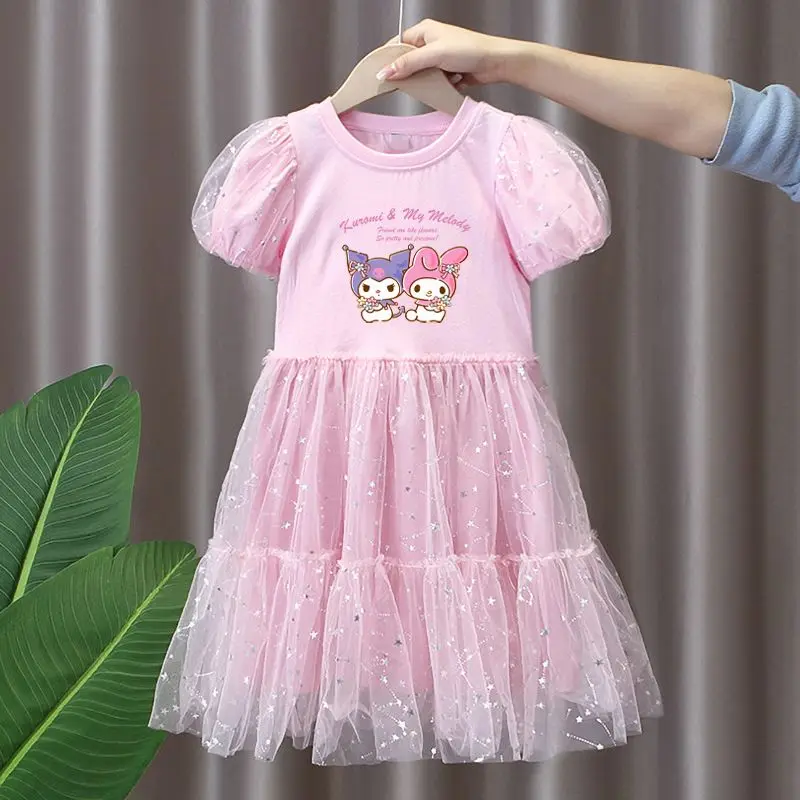 Vestido de Anime Sanrioed Kuromi My Melody para niñas, ropa de manga corta, vestidos de princesa de fiesta, falda de gasa de verano, regalo para niñas