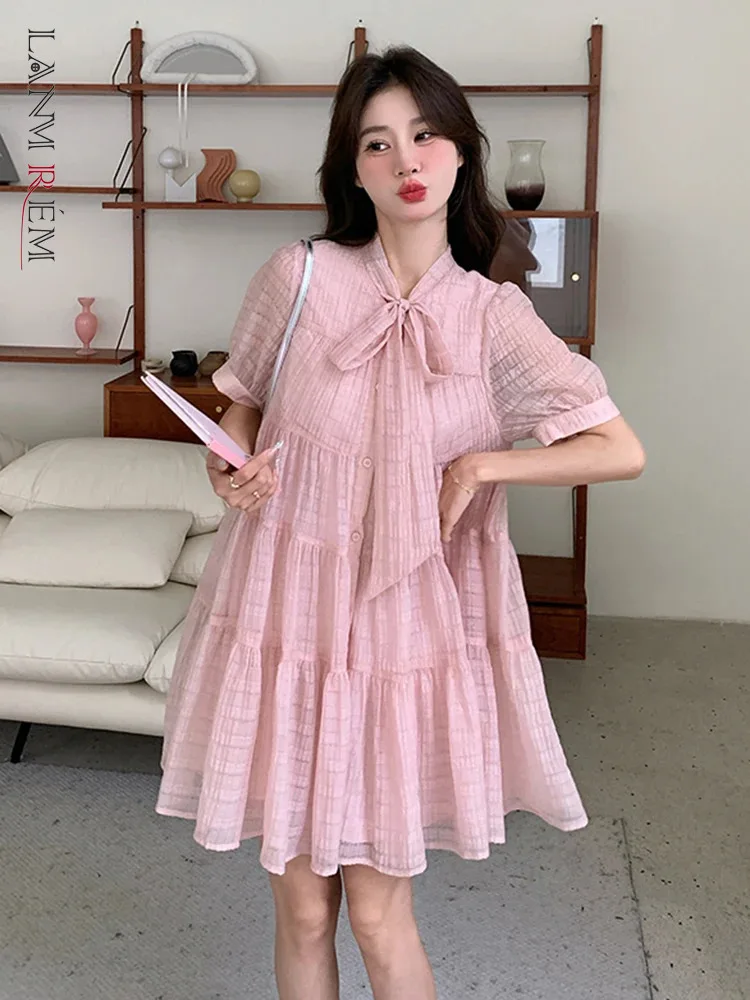 

LANMREM Sweet Dress For Women Bow Collar Puff Sleeves Lace-up Design Solid Color Mini Dresses 2024 Summer New Clothing 2Z1411