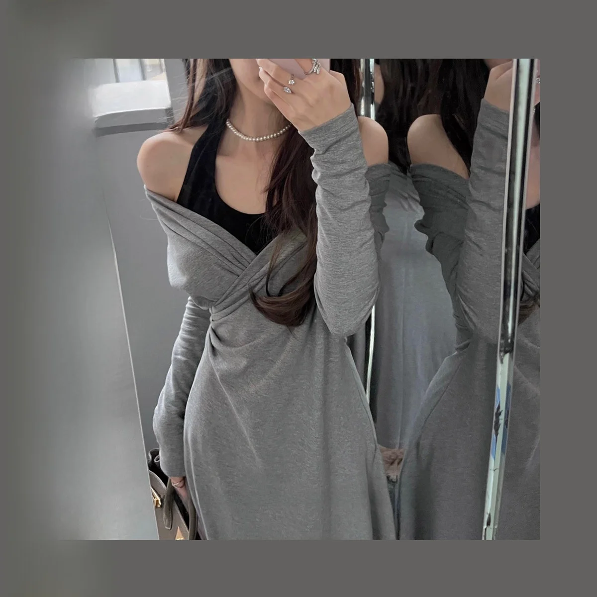 

CCZEE Spring Love Song Splice Fake Two-Piece Long Dr V-Ne Fce Skin-Friendly Dr Cotton Mid-Length Winter Dr