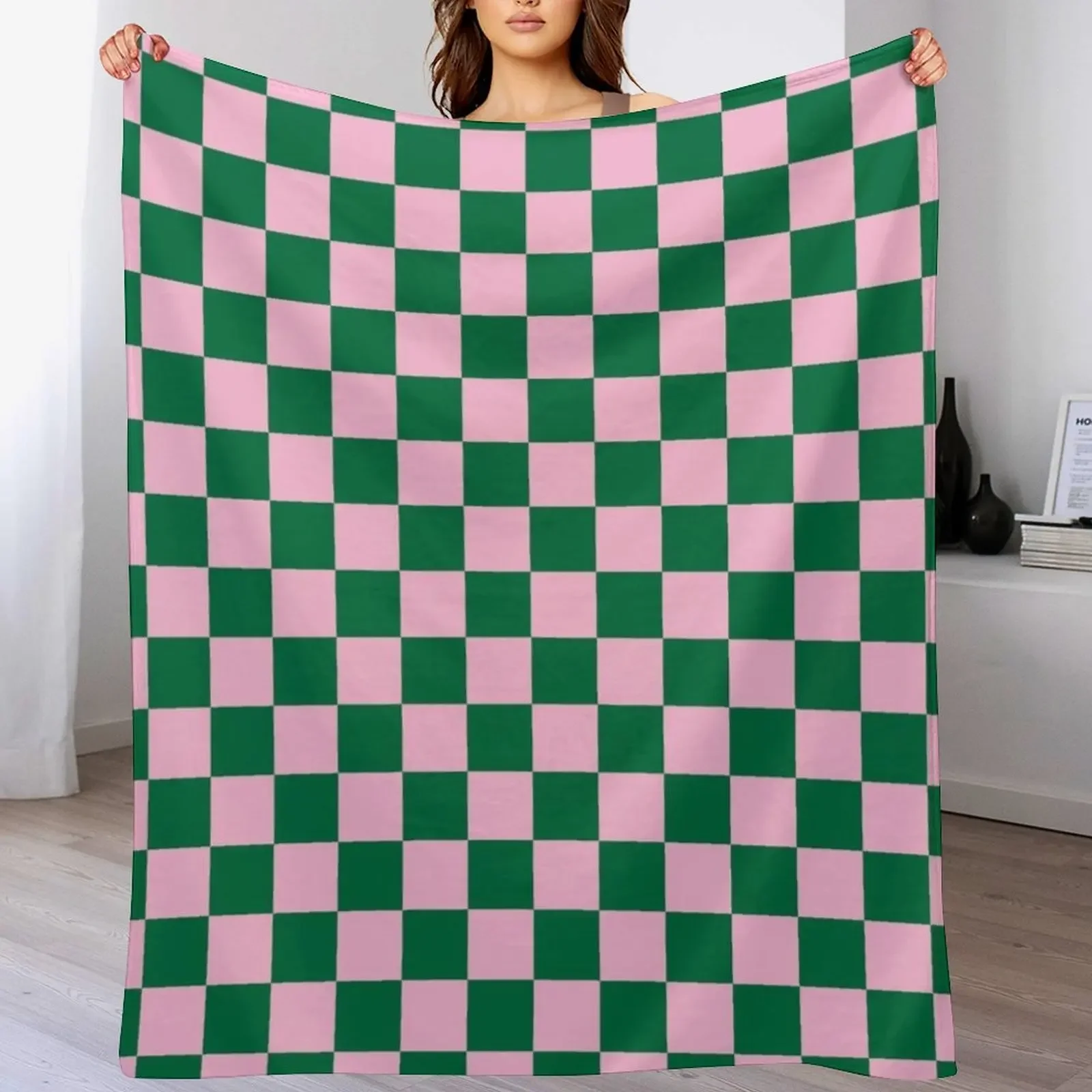 

Cotton Candy Pink and Cadmium Green Checkerboard Throw Blanket Luxury Designer Bed Fashionable Beach Summer Beddings Blankets