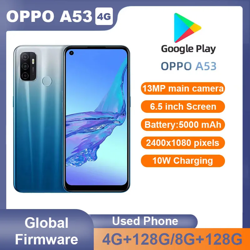 هاتف oppo A53 Smatr 4G أندرويد 6.5 بوصة شاشة هاتف ذكي ROM 128GB 5000mAh 13MP كاميرا هاتف مستعمل