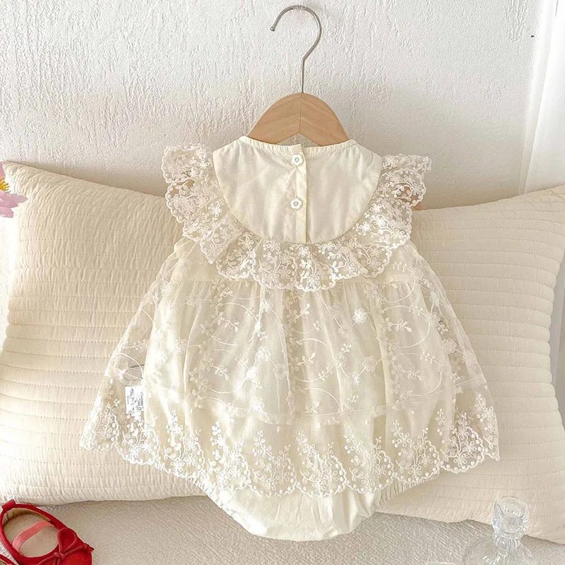 2025 New Summer 0-24M Baby Girls Clothing Newborn Baby Girls Romper Flying Sleeve Cotton Lace Splicing Toddler Baby Jumpsuit
