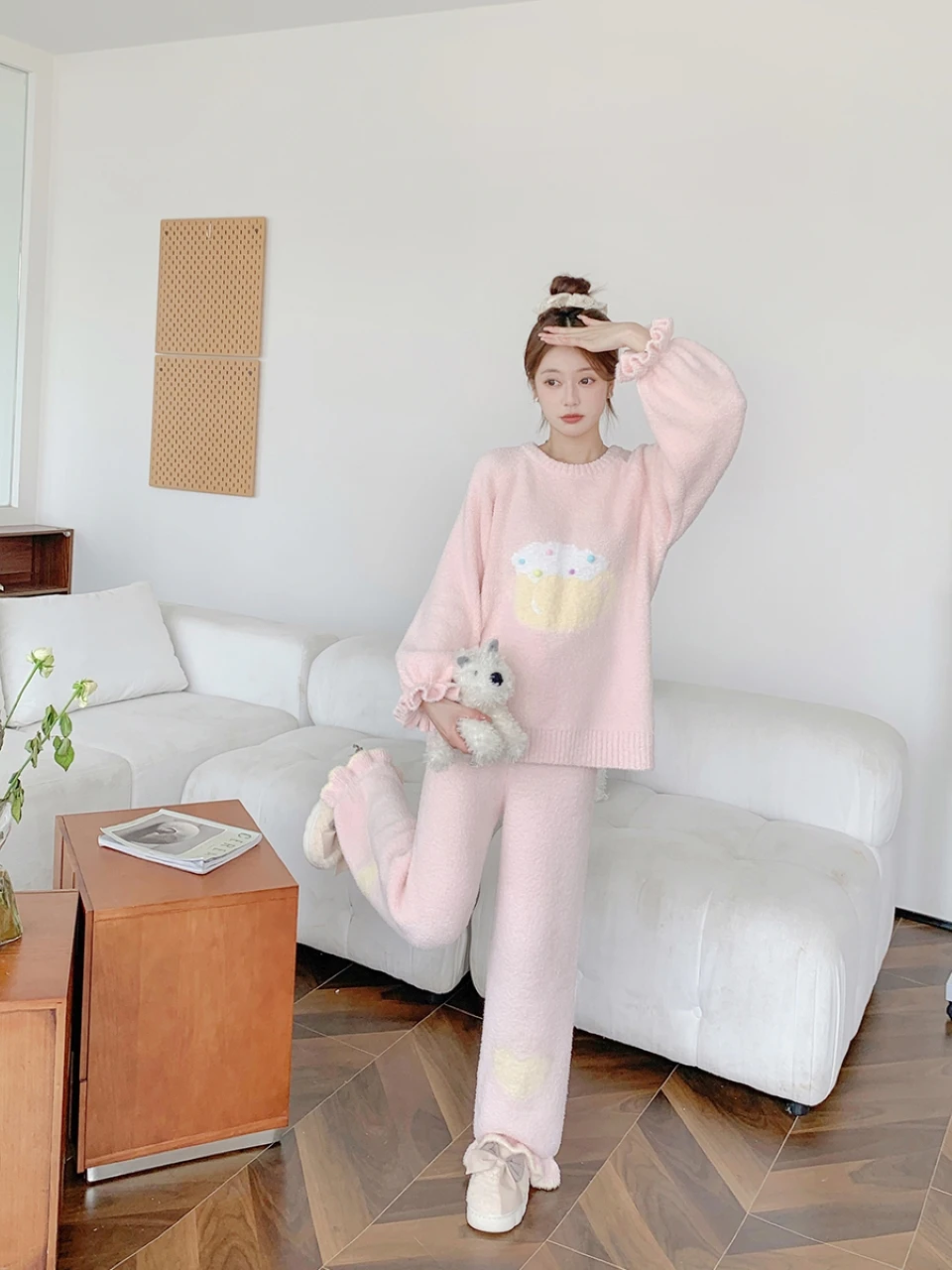 Sweet Cup Cake Pajama 2 Piece Sets Soft Thickened Round Neck Long Sleeve Homewear Pink Girls Loungewear Korean Fashion