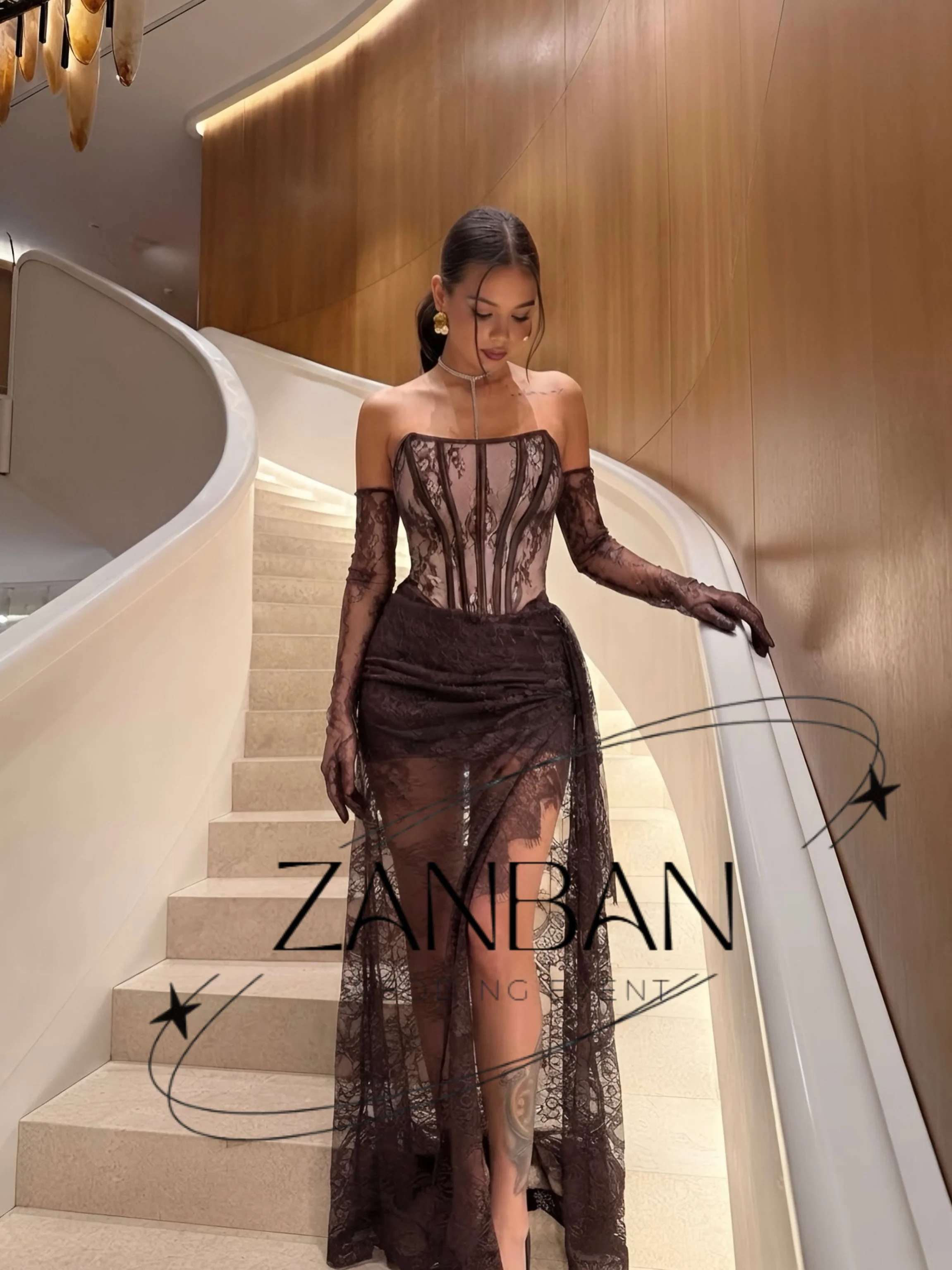 ZanBan Customized Brown Strapless Side Slit Formal Dresses Woman Lace Elegant Dresses for Women Long Party A-line Prom Dress