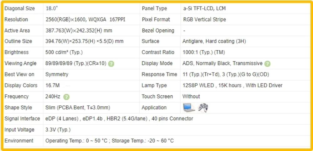 NE180QDM-NZ4 NE180QDM NZ4 18 inch Laptop Display LCD Screen No-touch IPS Panel QHD 2560x1600 EDP 40pins