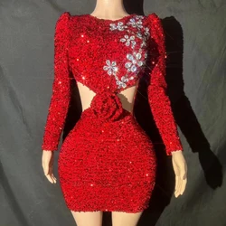 Sparkly Red Sequins Rhinestones Short Dress Women Sexy Stage Hollow Waist Party Evening Celebrate Birthday Dress Festival Gowns