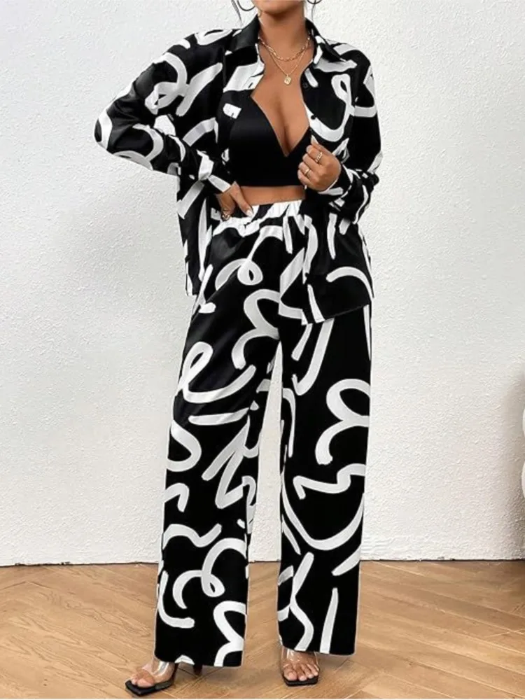 Autumn New Printed Two Piece Set For Women Long Sleeve Casual Shirts Wide Leg Pant Sets Fashion Sports Style 2 Piece Sets Outfit