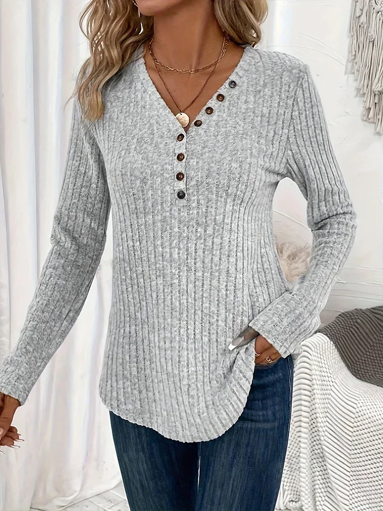 

Warm Ribbed Knitted V-neck Pit Striped Women Sweater Long Sleeve Button Solid Color Pullovers Winter Vintage Comfortable Clothes