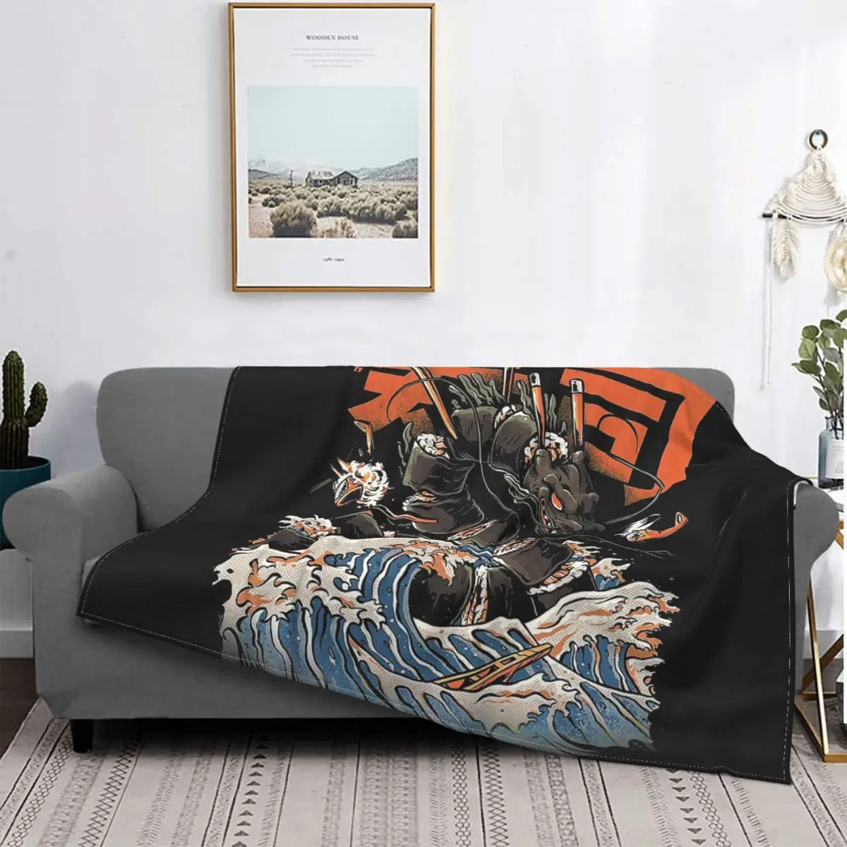 The Black Sushi Dragon Great Wave Flannel Blanket food kanagawa kaiju Vintage Throw Blankets for Home Plush Thin Quilt