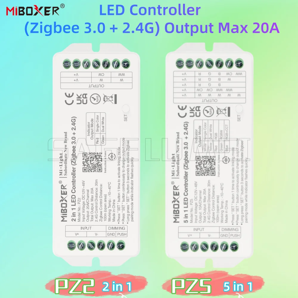 

Miboxer PZ2 2IN1 PZ5 5IN1 Выход Макс. 20А Светодиодный контроллер Поддержка одноцветных/двухцветных полосок RGB/RGBW/RGB+CCT DC12-48V ZB3.0 и 2.4G RF