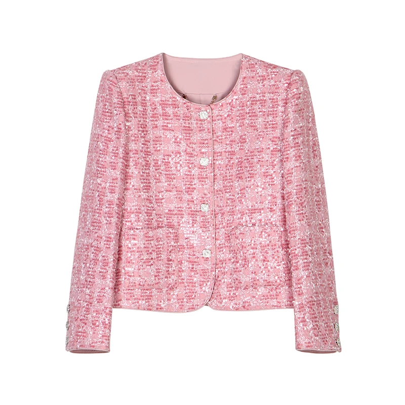 

Высококачественная роскошная изысканная элегантная розовая возрастная куртка с блестками для тяжелой промышленности, небольшой аромат, темперамент, универсальная куртка