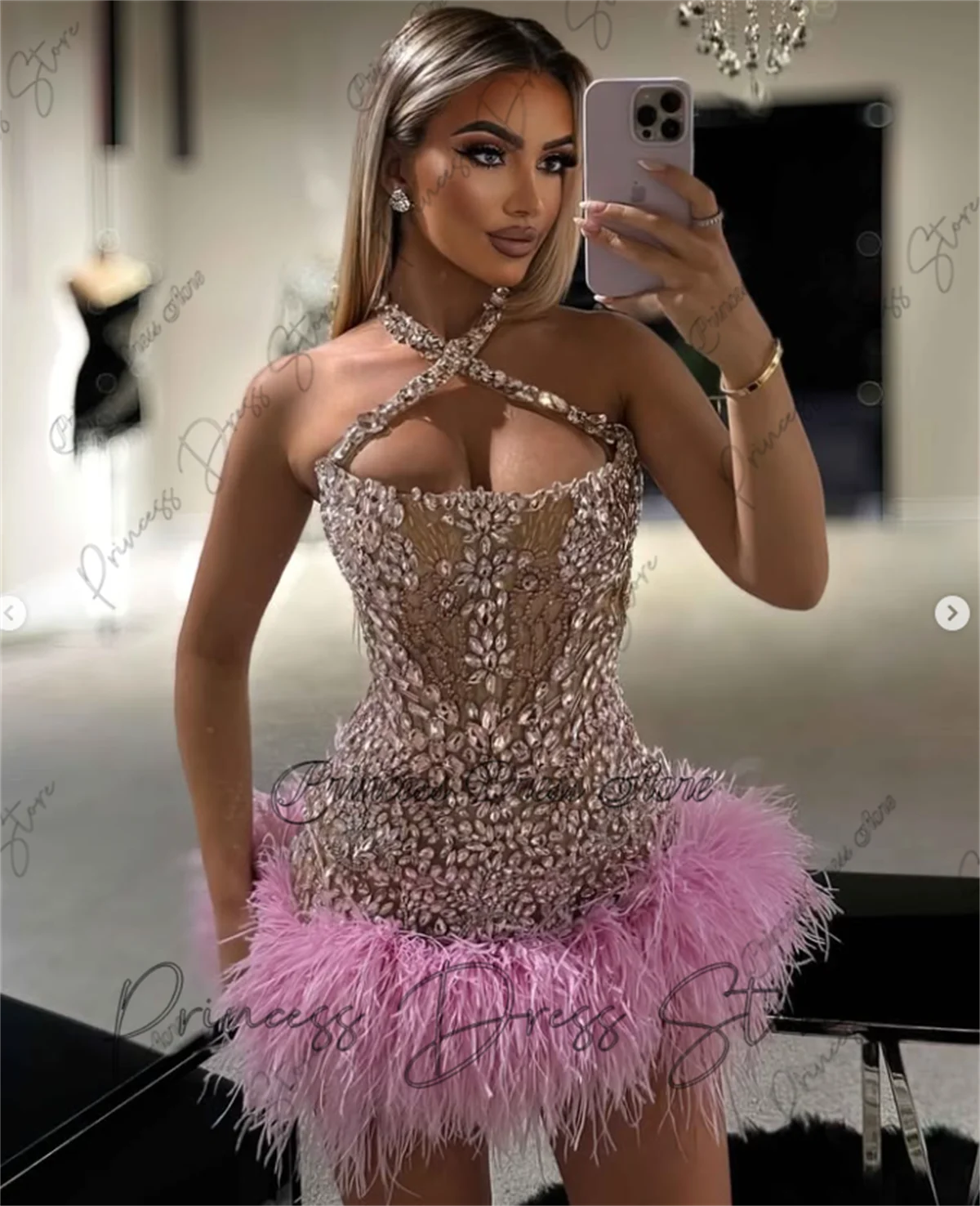 Sweet Luxury Evening Dresses 2025 Beading Crystals Feather Sexy Wedding Party Gown فساتين سهرة Prom Short Dress Customize