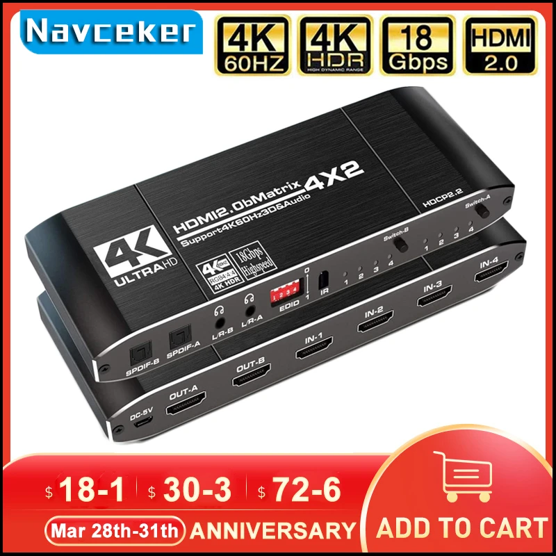 2024 HDMI Matrix 4x2 4K @ 60Hz HDR Switch Splitter 4 in 2 out YUV 4：4：4 Optical SPDIF + 3.5mm jack Audio Extractor HDMI Switcher