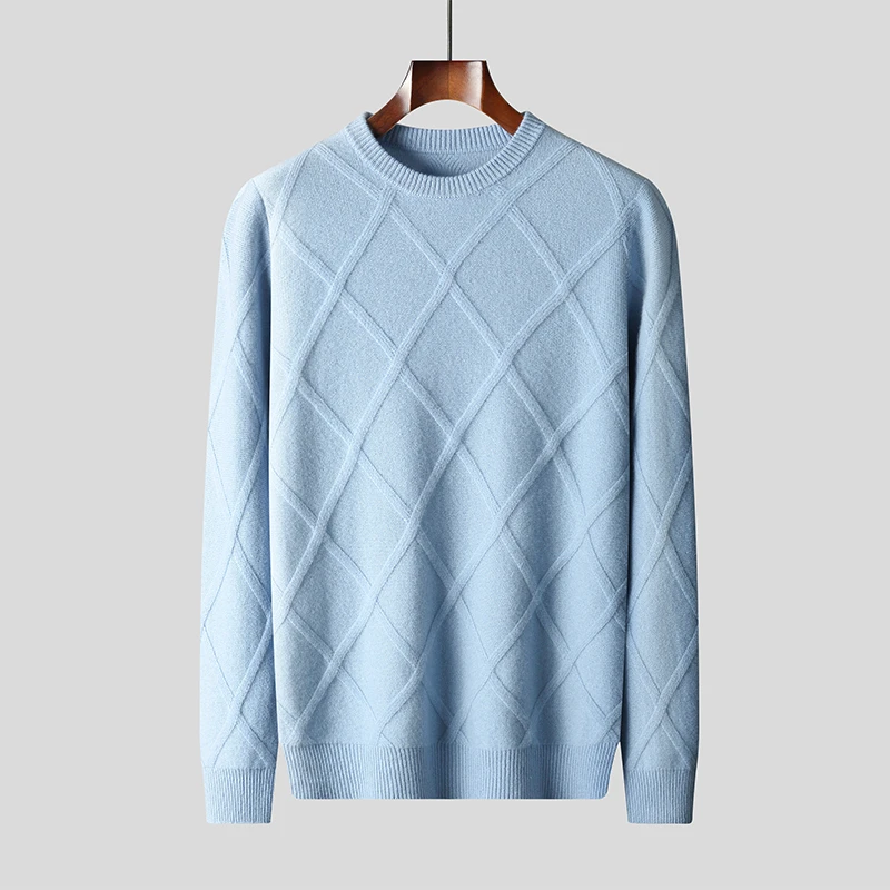 

Djzdsm-Men's 100% Merino Wool Knitted Sweater, O-Neck Top, Diamond Pattern, Warm, Autumn, Winter, New Collection