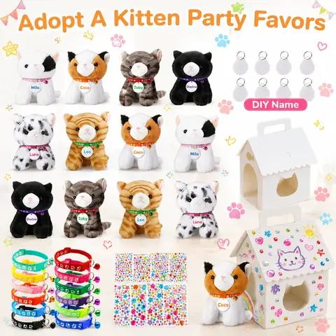 6-30Set Adopt A Kitten Party Favors Cat Stuffed Animals Bulk Adjustable Collar ID Card and DIY Kitten House Birthday Baby Shower