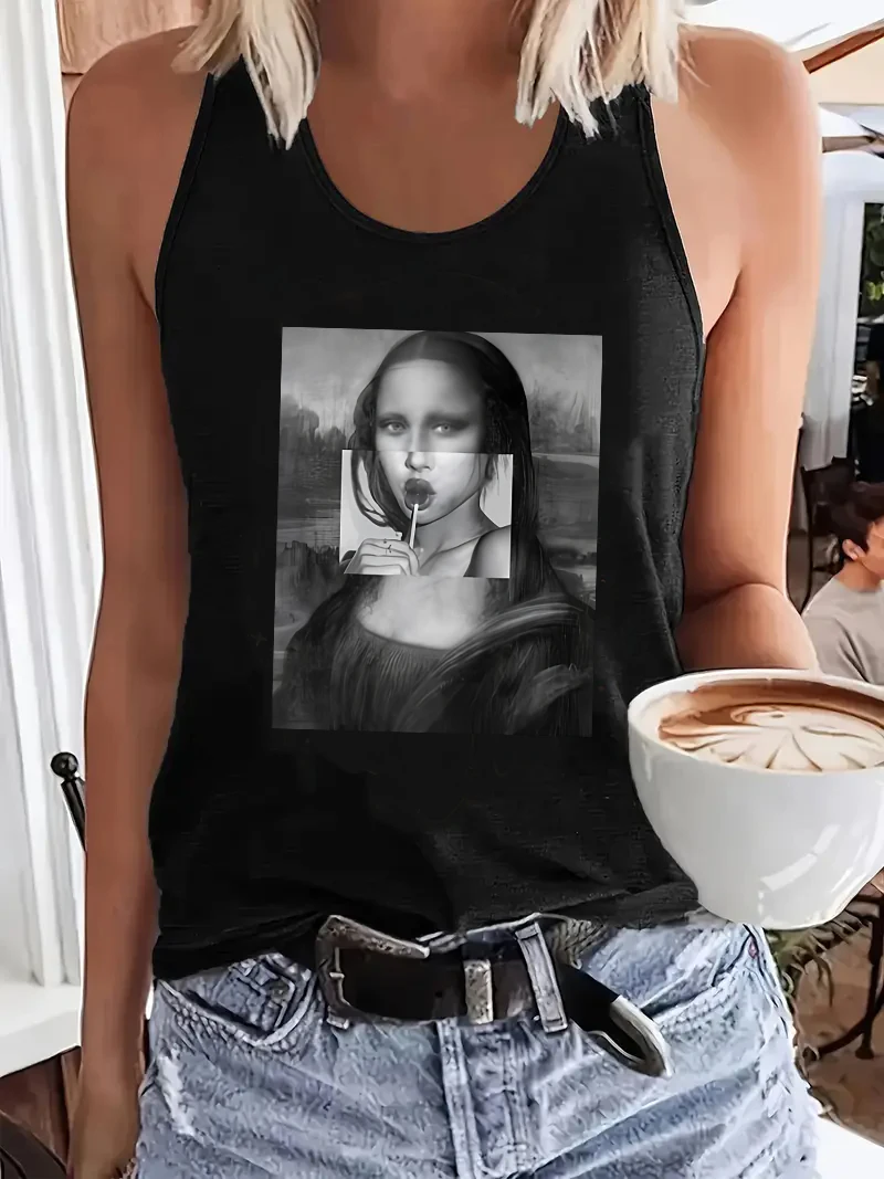 Lustiges Mona Lisa 90er-Jahre-Streetwear-Vintage-Tanktop mit Grafikdruck, ärmelloses Damen-Tanktop mit Rundhalsausschnitt, lässiges Top für Sommer und Frühling