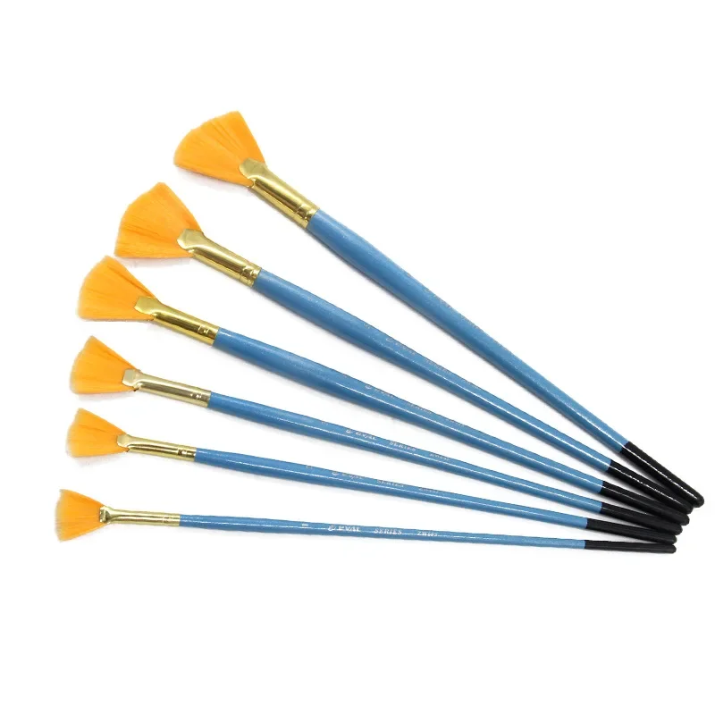 6 pcs yellow nylon hair fishtail fan shap brush pen Blue Wooden pole hanging black tail  painting brush manufacture for paint