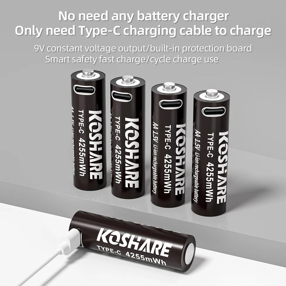 

KOSHARE AA 1.5V Li-ion Rechargeable Batteries 4255mWh Type-C Lithium AA Battery For Clock Radio lMouse Electric + Type-C Cable