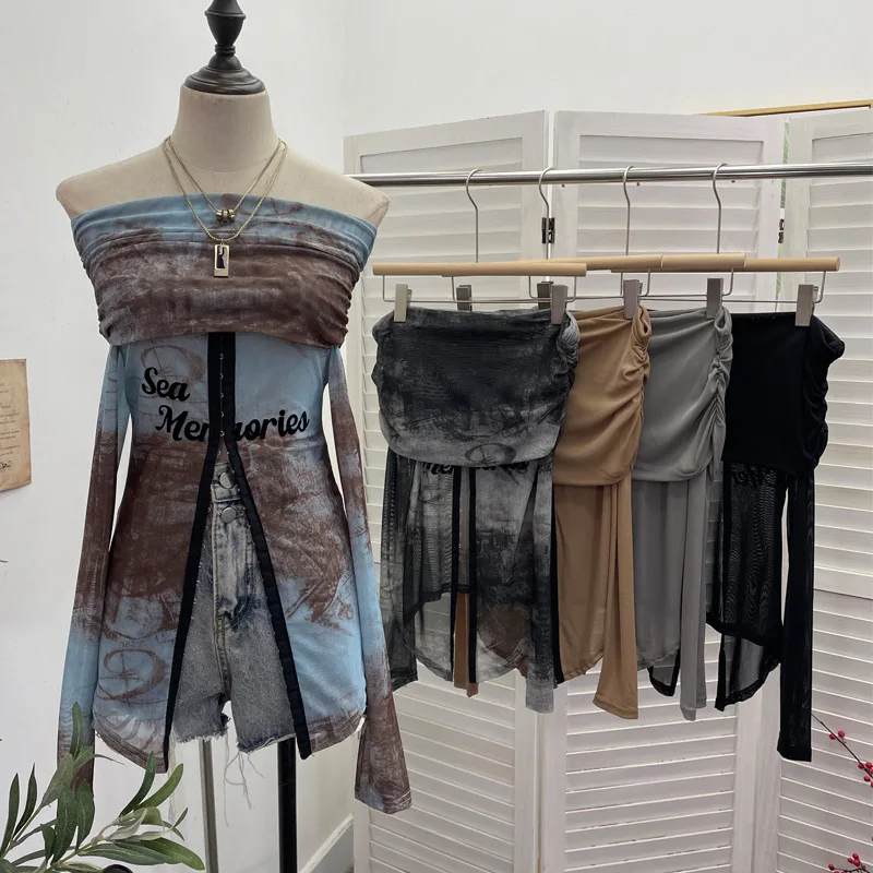 Women's Sexy See Through Mesh One Shoulder Bandeau Top Fashion One-Piece Long Sleeve Cardigan Tie-Dye Button Top Streetwear1180