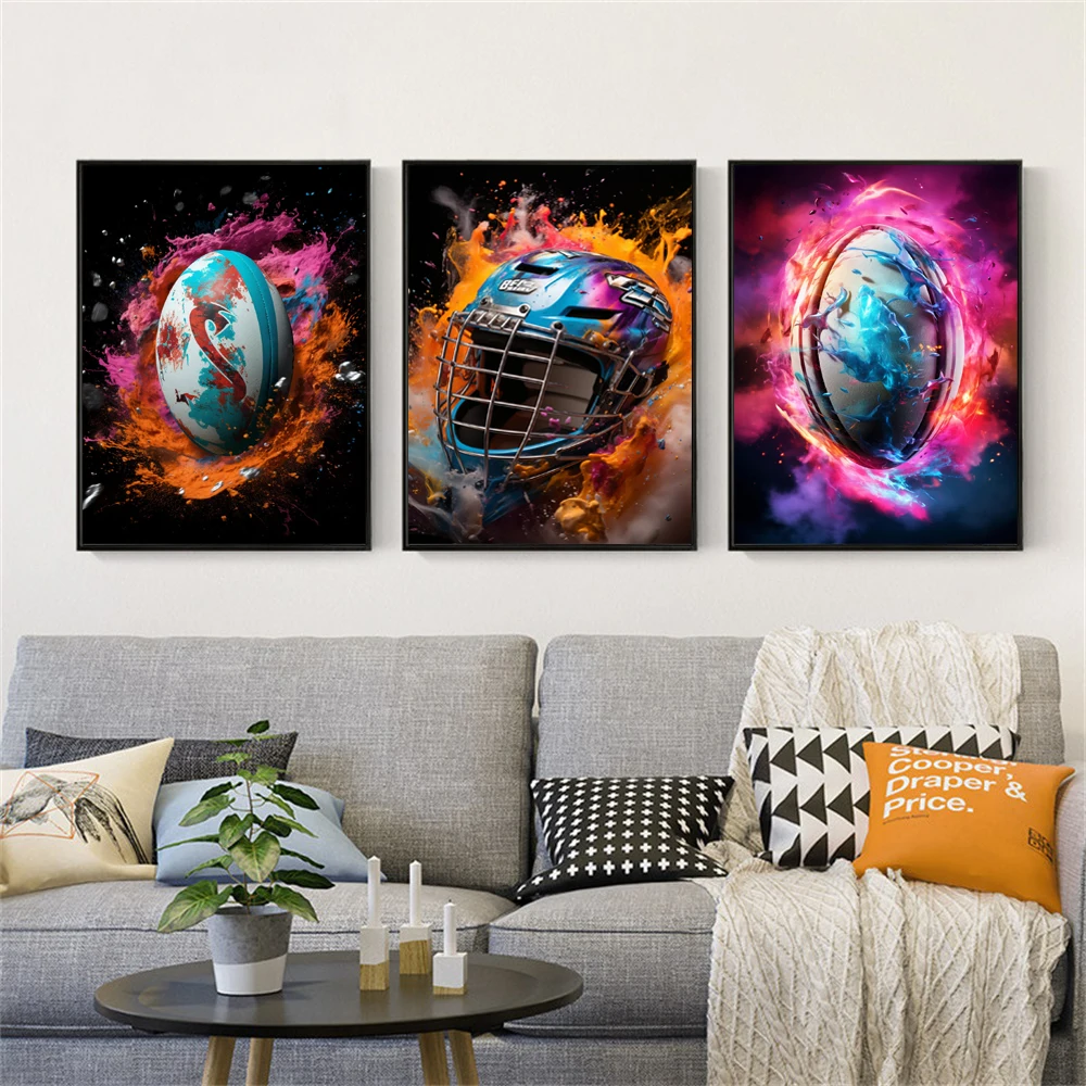 Abstract Splash Ink Art Competitive Sports Poster Rugby Player Helmet Canvas Painting Sportsman Wall Art Living Room Porch Decor