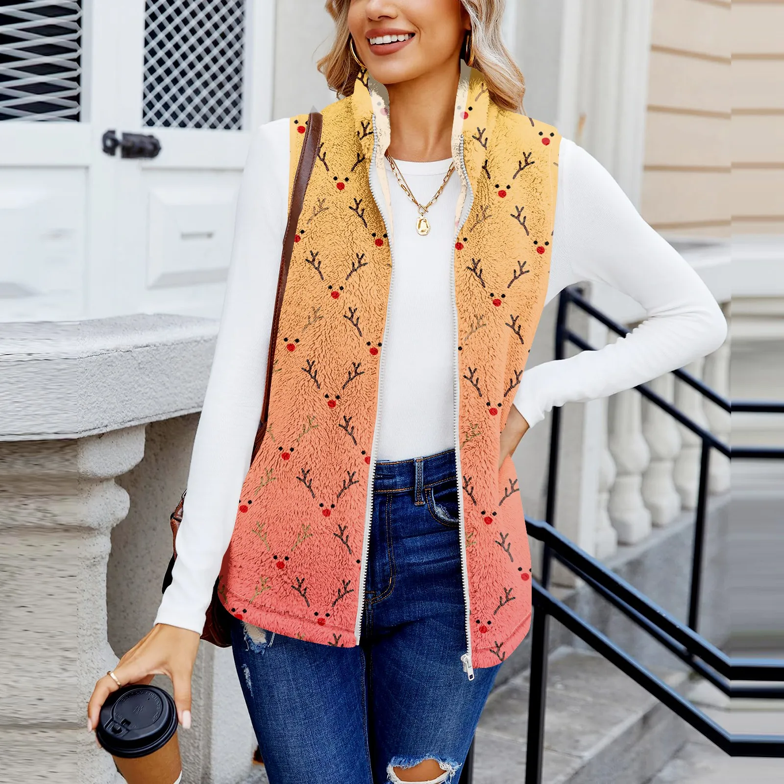 

Women'S Vest Retro Print Fashionable Cardigan Warm Fleece-Lined Top Suitable For Home Wear Casual Wear Outdoor Use Winter