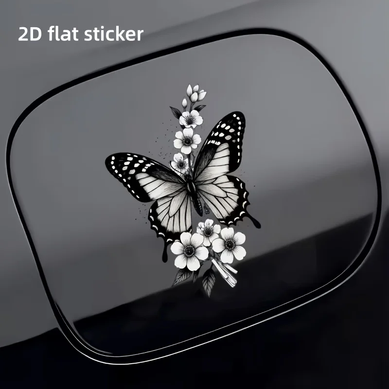 1pcs2D flat sticker for car fuel tank cap, black and white delicate butterfly and floral element art sticker