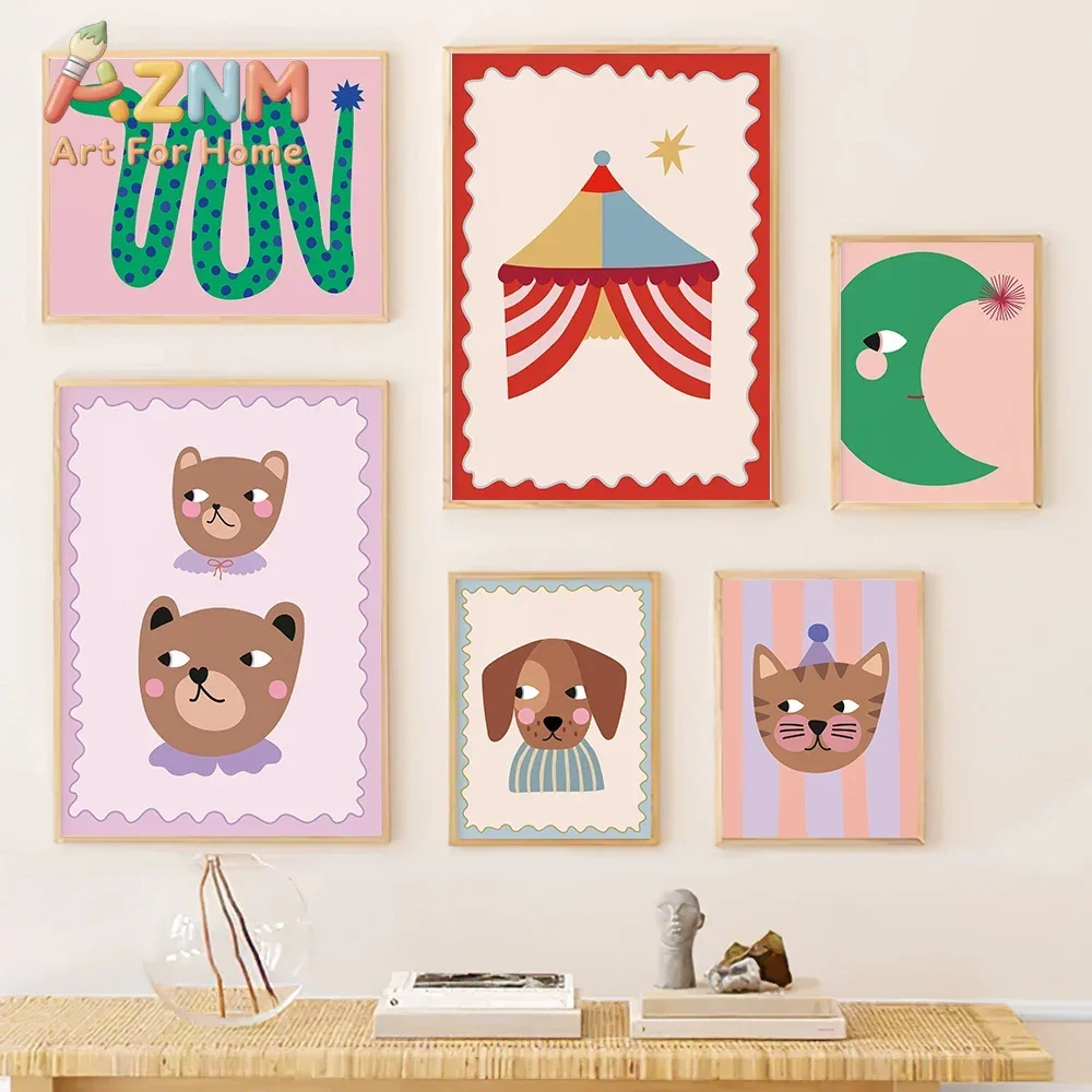 AZNM Cute Circus Animal Canvas Painting, Cartoon Snake Bear Dog Cat Moon Tent Colorful Print, Boho Kids Nursery Wall Art, Unfram