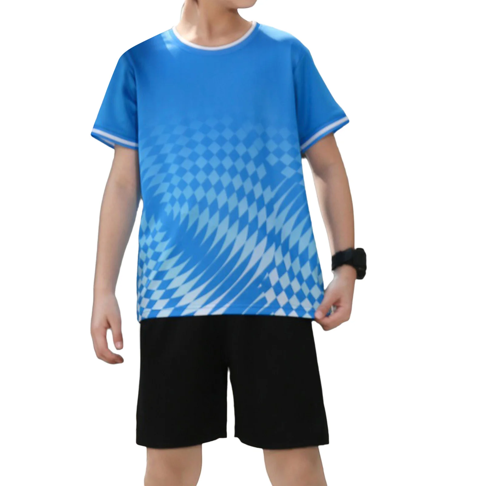 

Kids Boys Moisture-Wicking Soccer Uniform Quick-Drying Sports Set Short Sleeve Geometric Printed Jersey Top with Sport Shorts