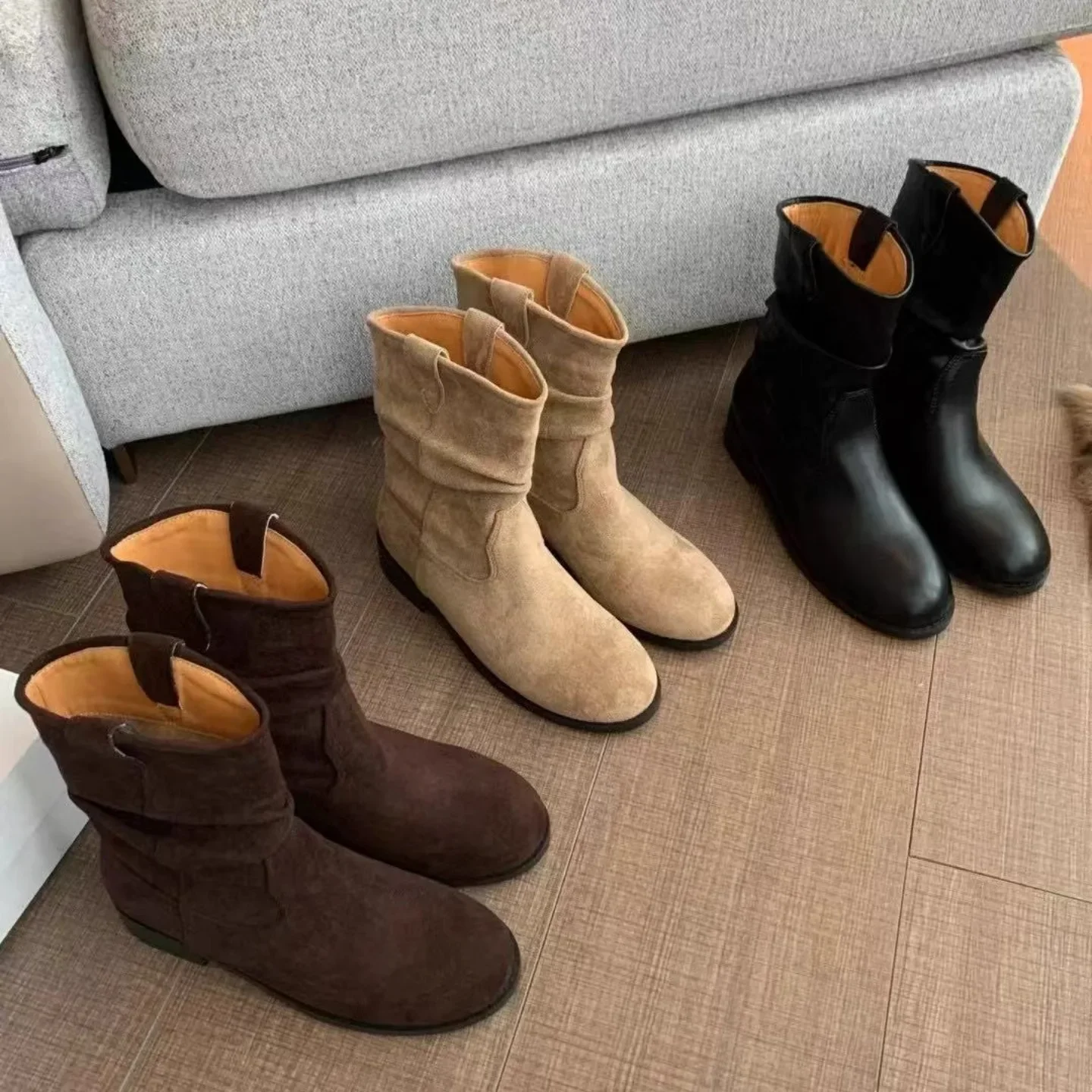 Short Boots Women's New High Quality Genuine Leather Tabi Boots Wrinkled Split Toe Boots Commuter Calf Boots