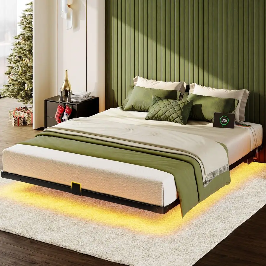 

Frame Queen Size, Floating Queen Bed Frame with LED Lights amp Charging Station, Modern Metal Platform Bed Frame with Mattress