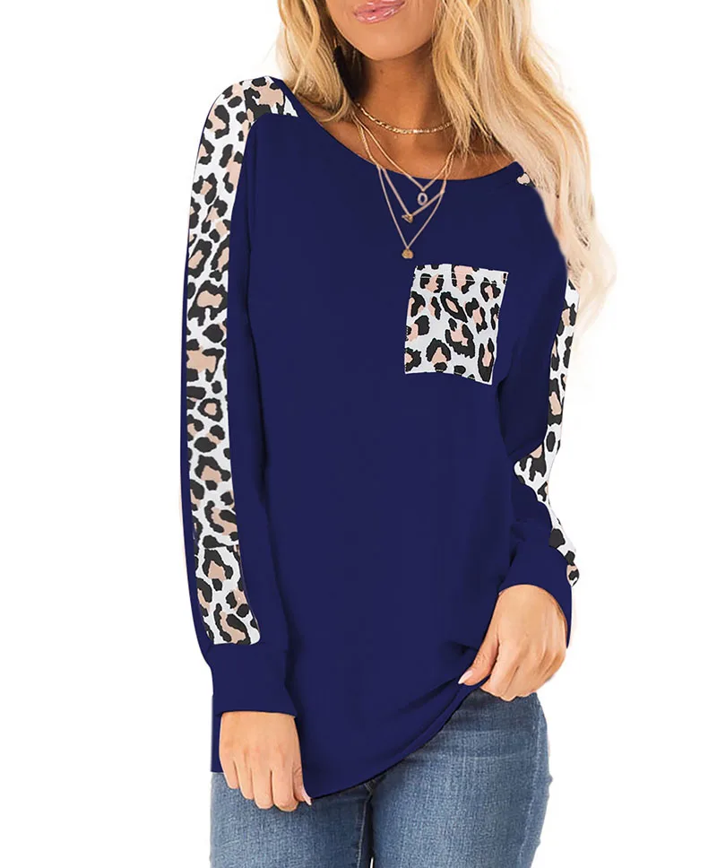 Autumn new long sleeved leopard print patchwork top pocket round neck pullover t-shirt popular