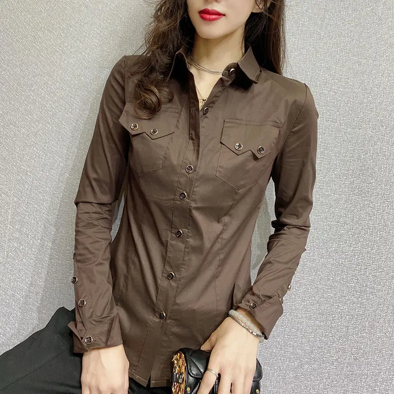 Office Lady Slim Solid Color Blouse Fashion Pockets Spliced Spring Autumn Chic Single-breasted Women\'s Clothing Polo-Neck Shirt