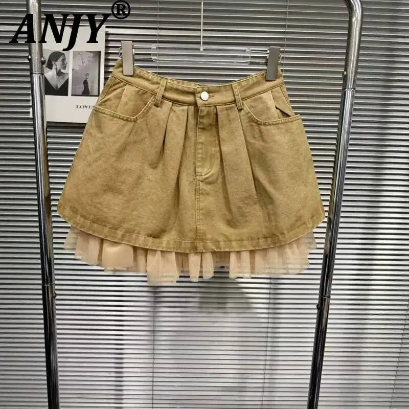ANJY Summer New Women Trendy Versatile Mesh Patchwork Pleated Denim Skirt High Street Stylish Casual A-Line Short Skirts A24934
