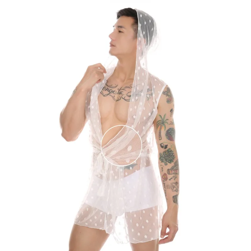 

Men's Sissy Lingerie Bathrobe Transparent Sexy Lace Mesh Pajamas Robe Hooded Nightwear Crossdressing Underwear Gay Nightgown
