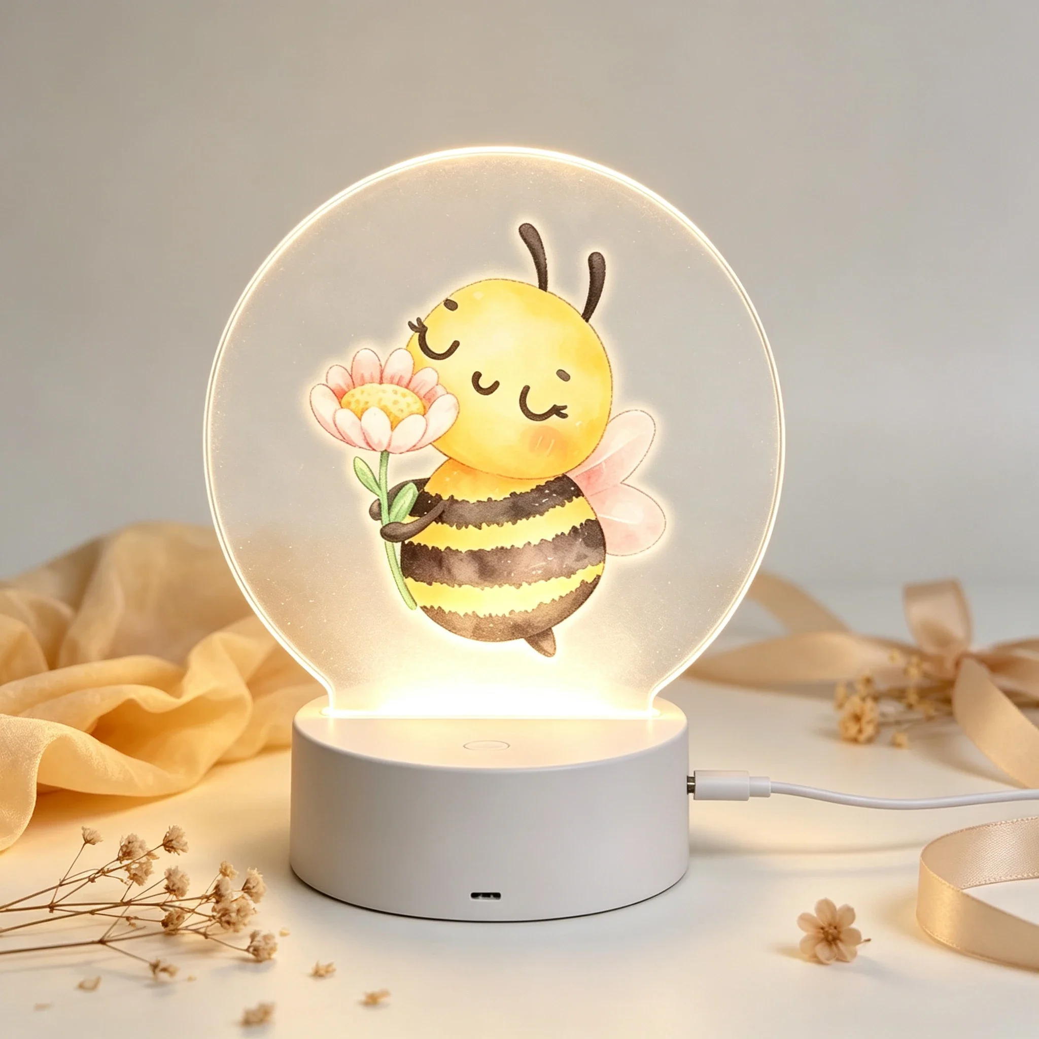Custom Name LED Acrylic Night Light, Watercolor Cute Bee Holding Flower Pattern USB Lamp Kids Bedroom Birthday Gift