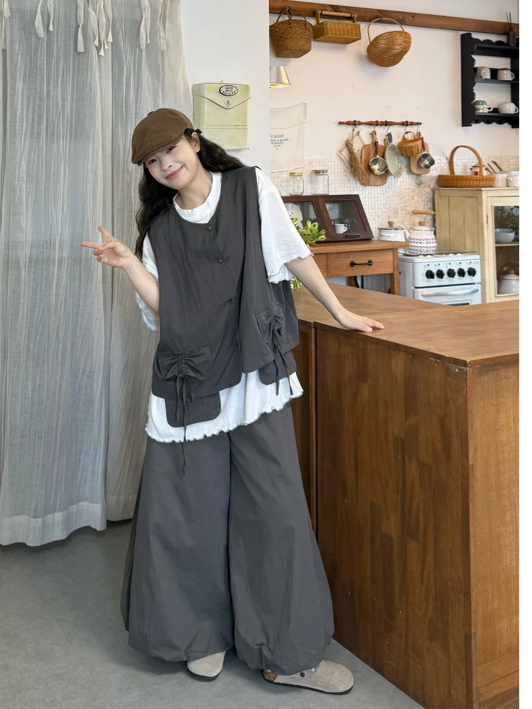 

plus Size Women's Grey Layered Pocket Vest Top High Waist Lantern Pants Set Summer New Style Korean Loose Fit Short...