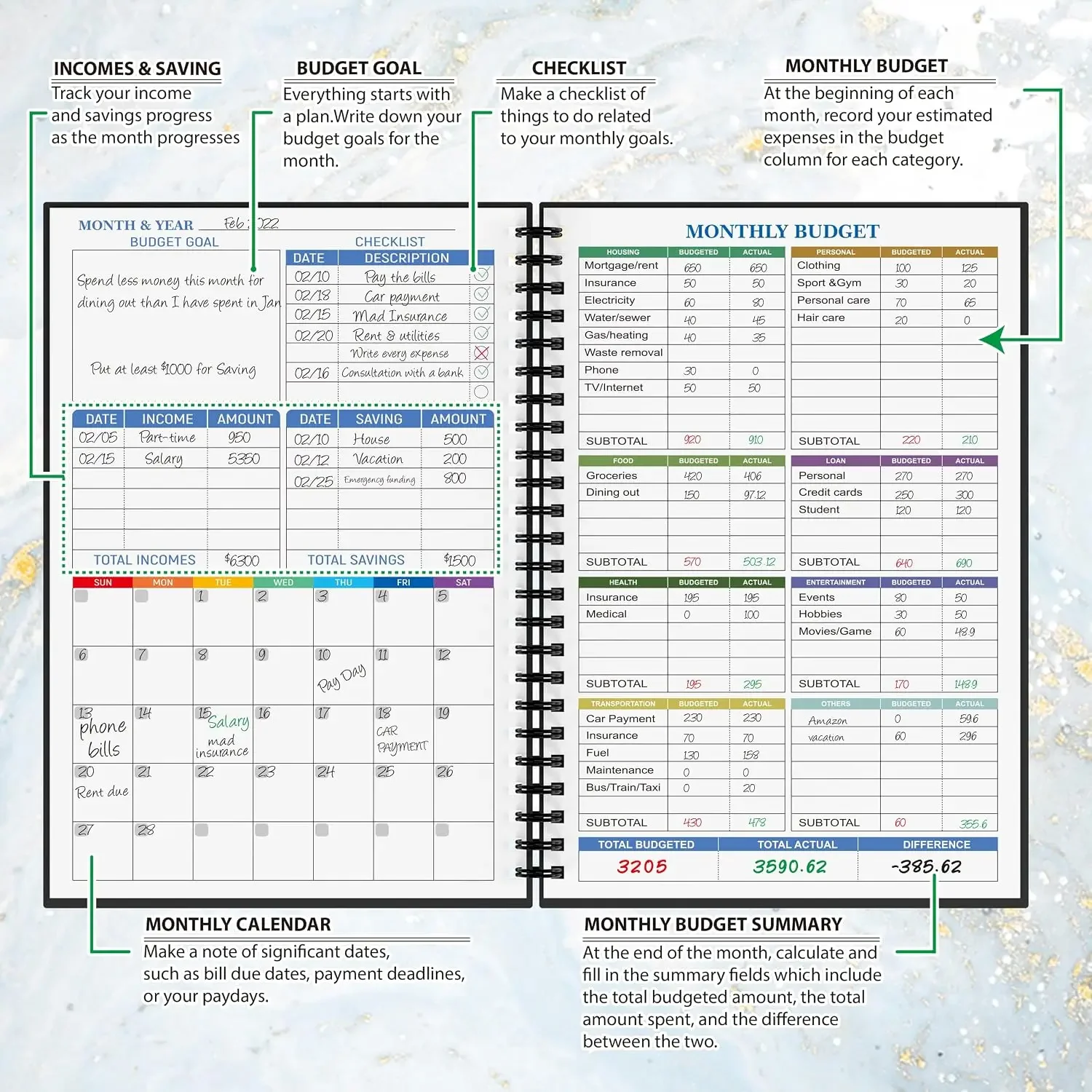 Budget Planner & Expense Tracker, Undated Finance Organizer, A5 (8.6x5.9 inch), 100gsm Paper, Golden view 3