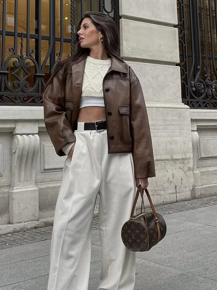 Abrigo Vintage de piel sintética para mujer, chaqueta de manga larga con cuello vuelto y botones, color marrón, estilo americano, Otoño e Invierno