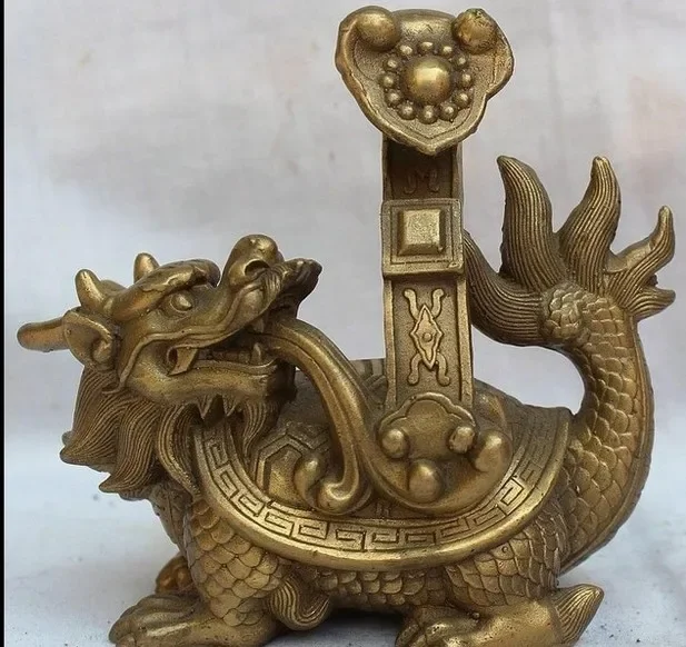 

7" lucky Chinese Pure Brass handwork Fengshui Dragon Turtle RU YI Statue