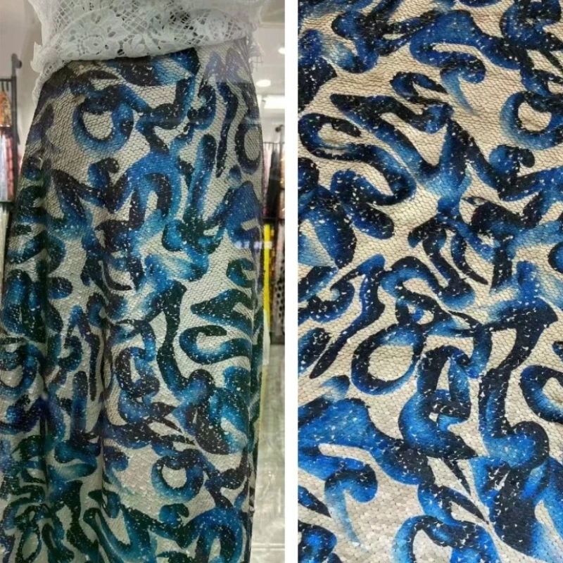 1meter Sequin Embroidered Fabric Navy Blue Ink Wash Floral Heavy Embroidery Chinese Style Stage Evening Gown Qipao DIY Sewing