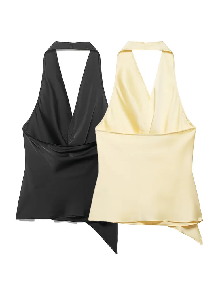 HH Women Summer New Fashion Solid Silk Satin Textured Halter Neck Top Female Temperament Backless Party Asymmetric Hem Top Mujer
