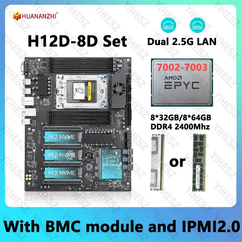 

HUANANZHI H12D 8D Motherboard Set With AMD EPYC 7002 7003 series CPU 8*32GB/64GB DDR4 RAM Support Dual 2.5G Lan IPMI With BMC