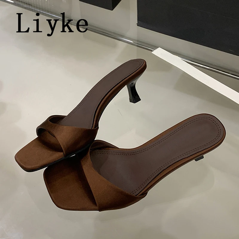 

Liyke/летние модные тапочки на тонком низком каблуке, женские уютные шелковые повседневные сандалии-гладиаторы с квадратным носком, пляжные вечерние шлепанцы, шлепанцы