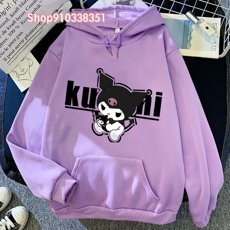 Purple Kuromi Kawaii Printed Hoodies Casual Women Sweatshirts Comfortable Fleece Pullover Crewneck Loose Female Tops Clothes