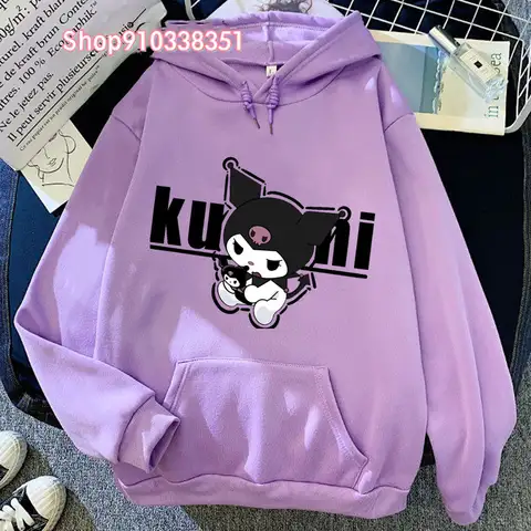 보라색 Kuromi Kawaii 프린트 후드 캐주얼 여성 스웻 셔츠 편안한 양털 풀오버 Crewneck 느슨한 여성 탑 의류