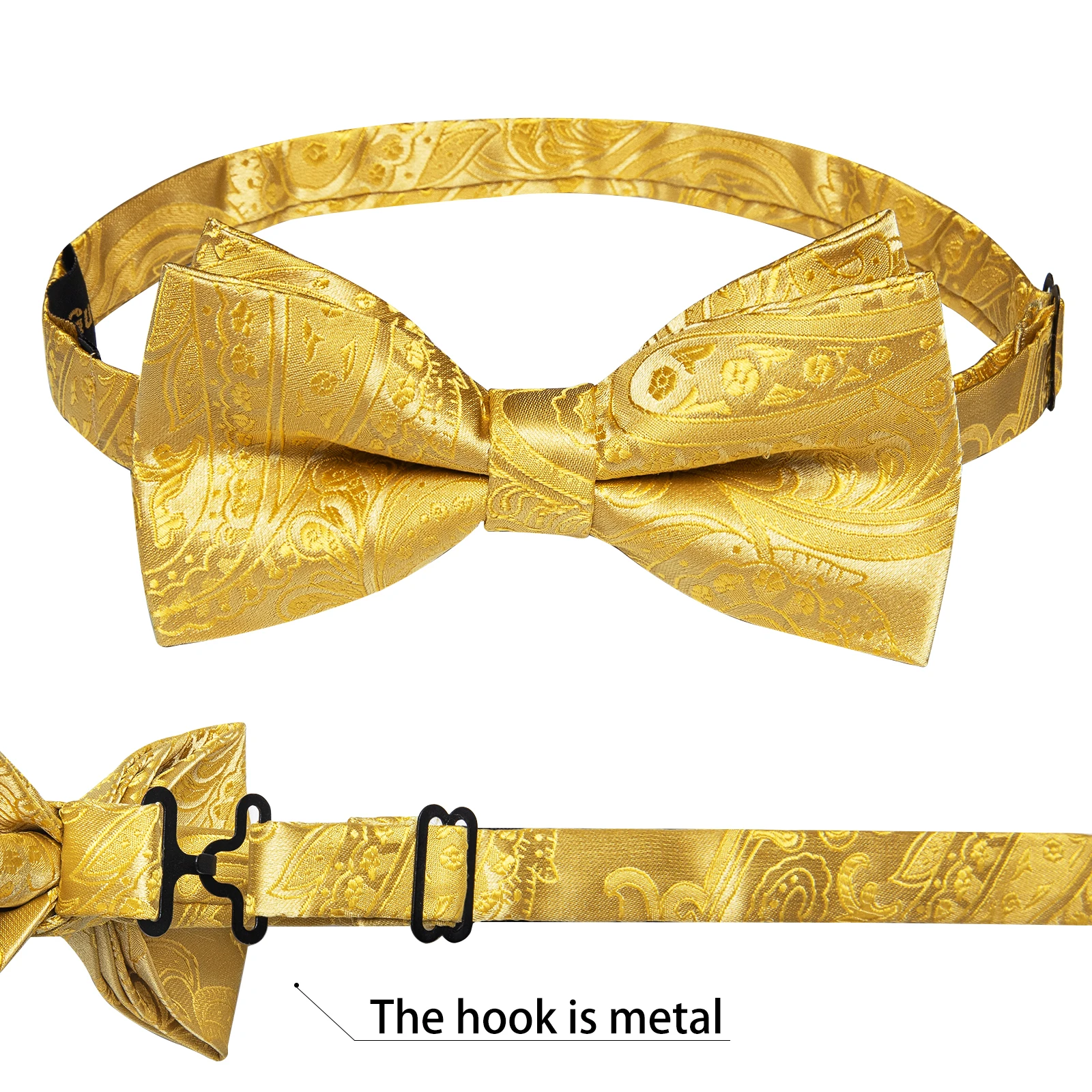 Klassisches schwarzes Herren-Fliege-Set mit Einstecktuch und Manschettenknöpfen – Paisley Gold Vorgebundene Fliege – Detail 10
