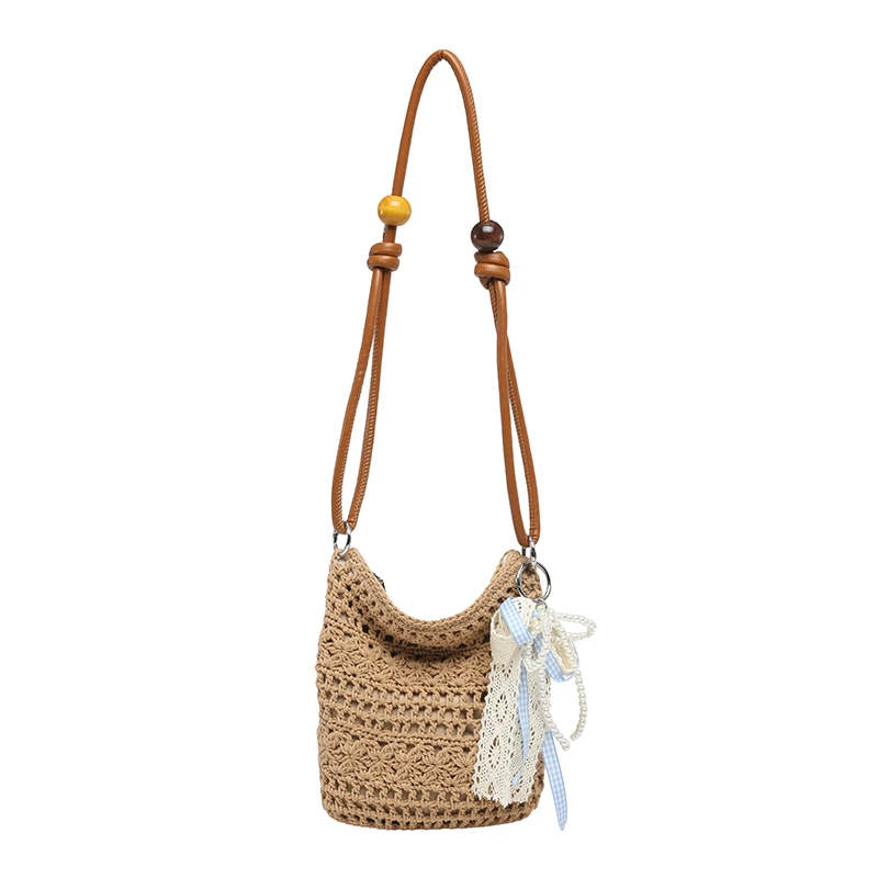2026 Summer Boho Crochet Straw Shoulder Bag with Ribbon Bow Women's Handwoven Woven Crossbody Purse Cute Summer Beach Tote view 6