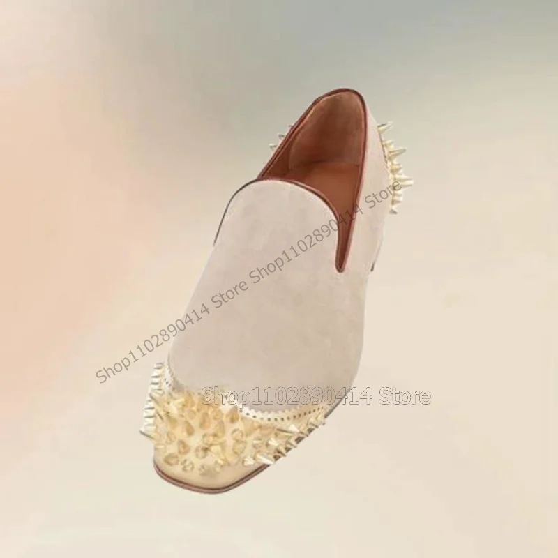 Gold Spikes Decor Carving Design Beige Square Toe Loafers Fashion Slip On Men Shoes Luxury Handmade Party Feast Men Casual Shoes