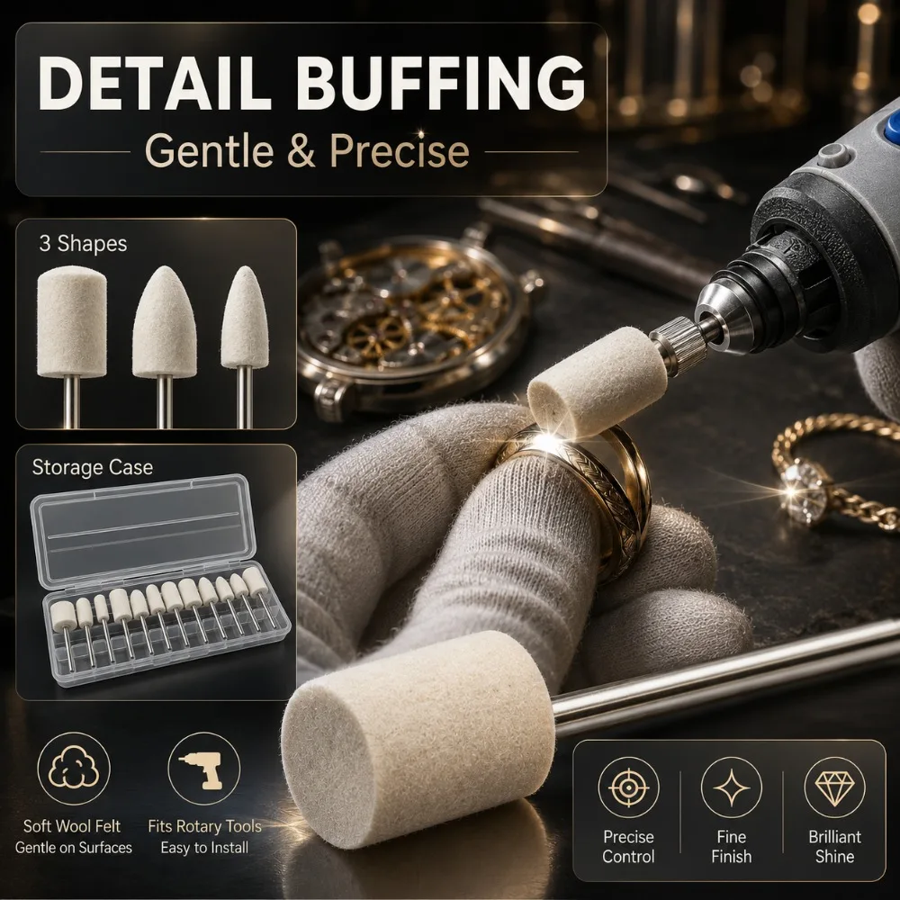 

Wool Felt Polishing Buffing Wheels Set Mounted Points Grinding Bits for Rotary Tool Watch Jewelry Metal Polish Kit Use
