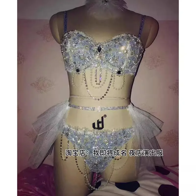 تخصيص الكهربائية ميلودي المغني DjDs الرقص الشرقي أداء اللباس الأزرق الدانتيل المياه الماس اللؤلؤ مثير الملابس الداخلية الصدرية تنورة قصيرة